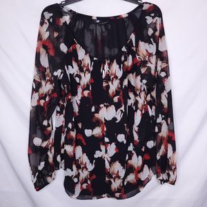 White House Black Market Blouse Womens 12 Red Black Floral Woven Sheer